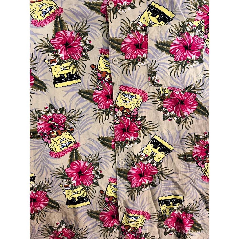 SpongeBob SquarePants Hawaiian Shirt Men's Large Tropical Hibiscus Button Up